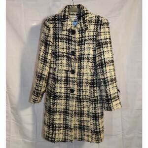 Vintage 1980s Albert Nipon Long Coat Boucle Tweed Black & White Trench Peacoat